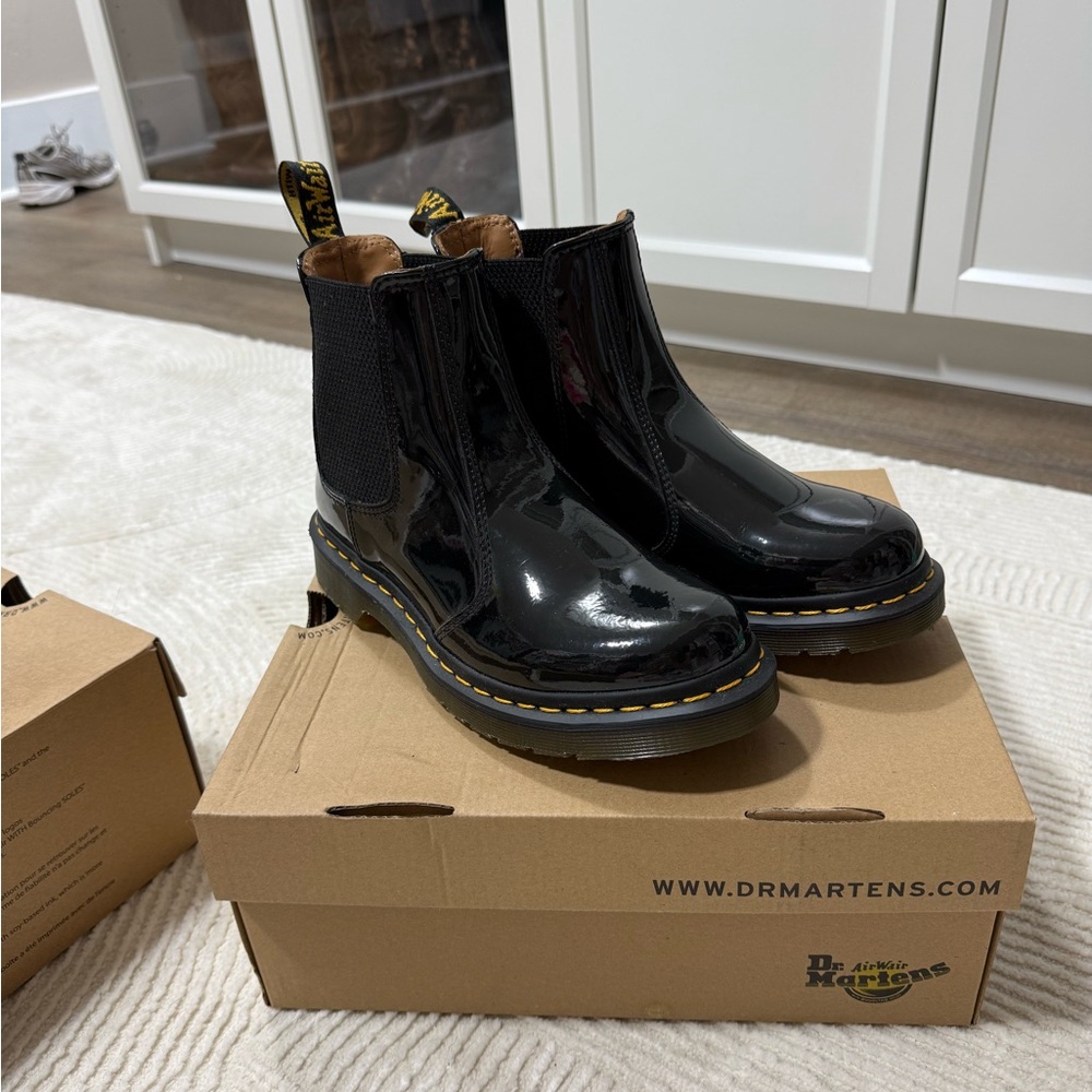 Dr. Martens Black Patent Chelsea Boots with Yellow Stitching